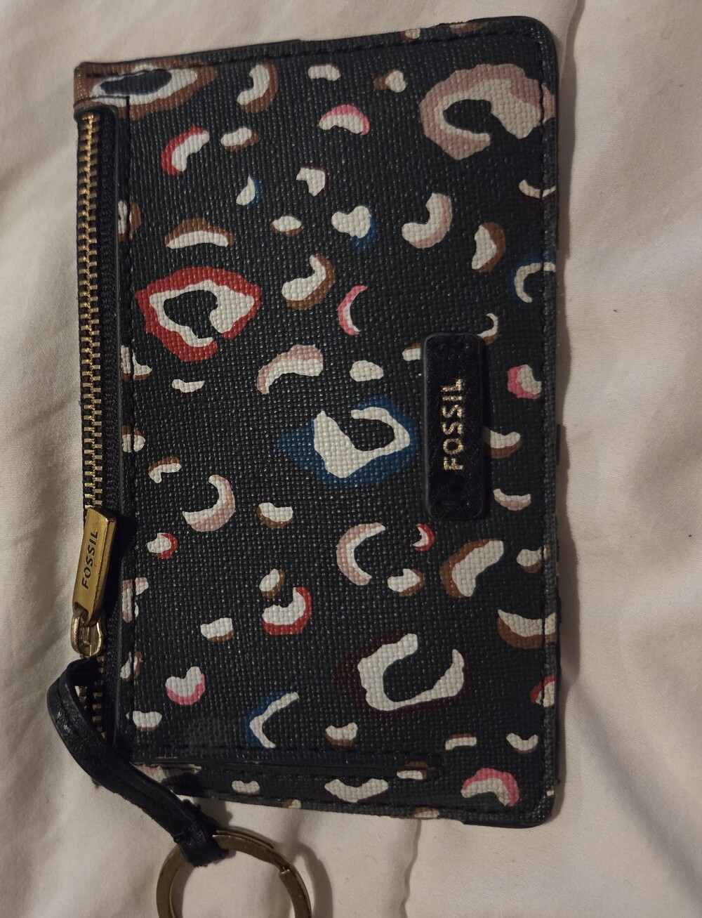Fossil Black Leopard-Print Zip Key Card Case